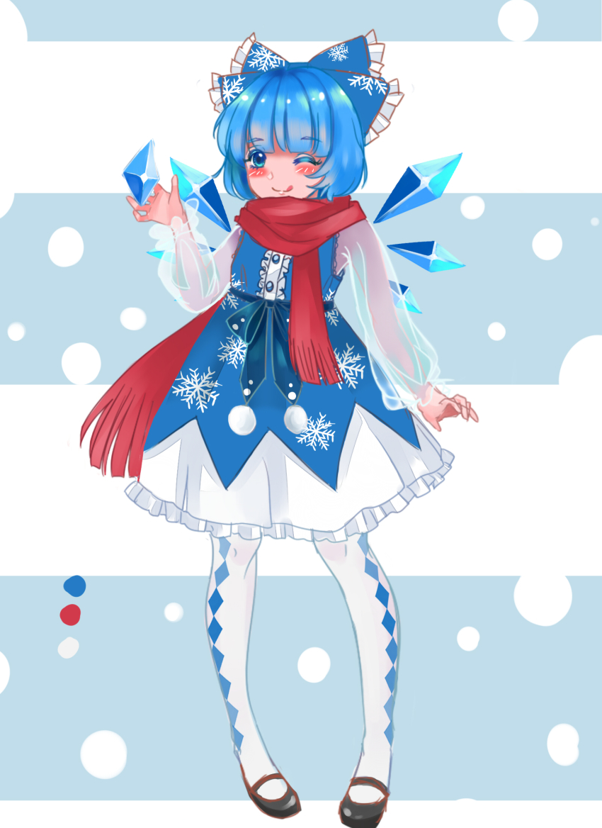 1girl, ;p, blue_dress, blue_eyes, blue_hair, blush, bow, cirno