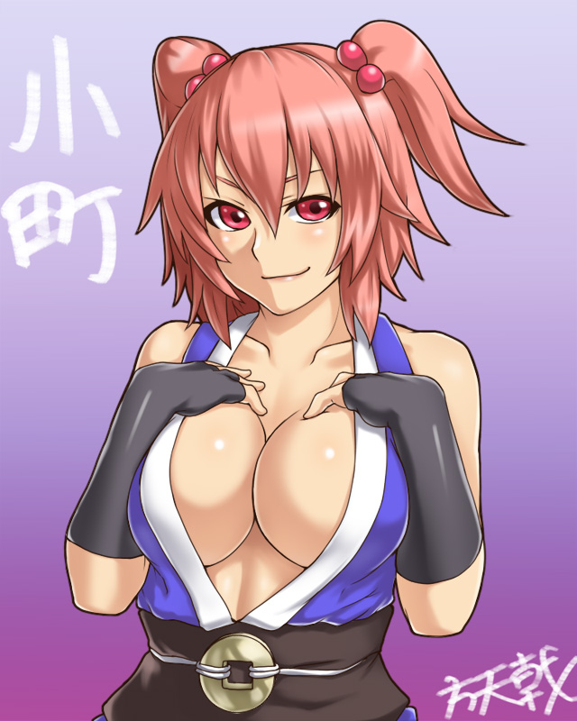1girl, breasts, cleavage, female_focus, fingerless_gloves, gloves, hou_takashi_ji, houtengeki, large_breasts, onozuka_komachi, open_clothes, pink_eyes, pink_hair, red_hair, short_hair, short_twintails, smirk, solo, touhou, twintails, two_side_up