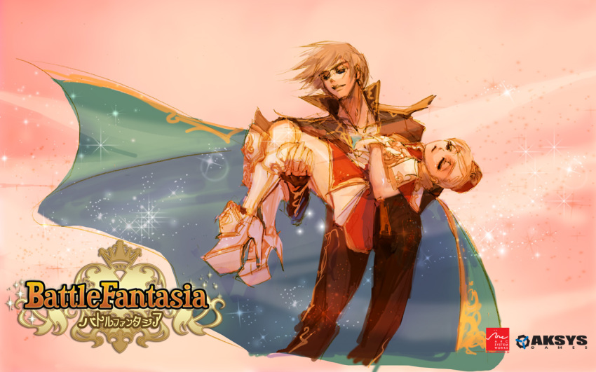 1boy, 1girl, arc_system_works, ashley_loveless, battle_fantasia, carrying, iwasaki_emiko, olivia_von_roselia