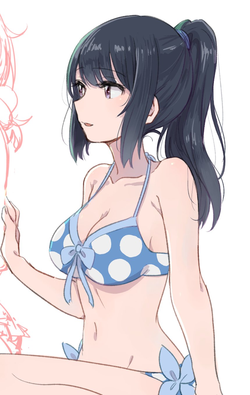 10s, 1girl, bad_id, bad_twitter_id, bare_arms, bare_shoulders, bikini, black_eyes