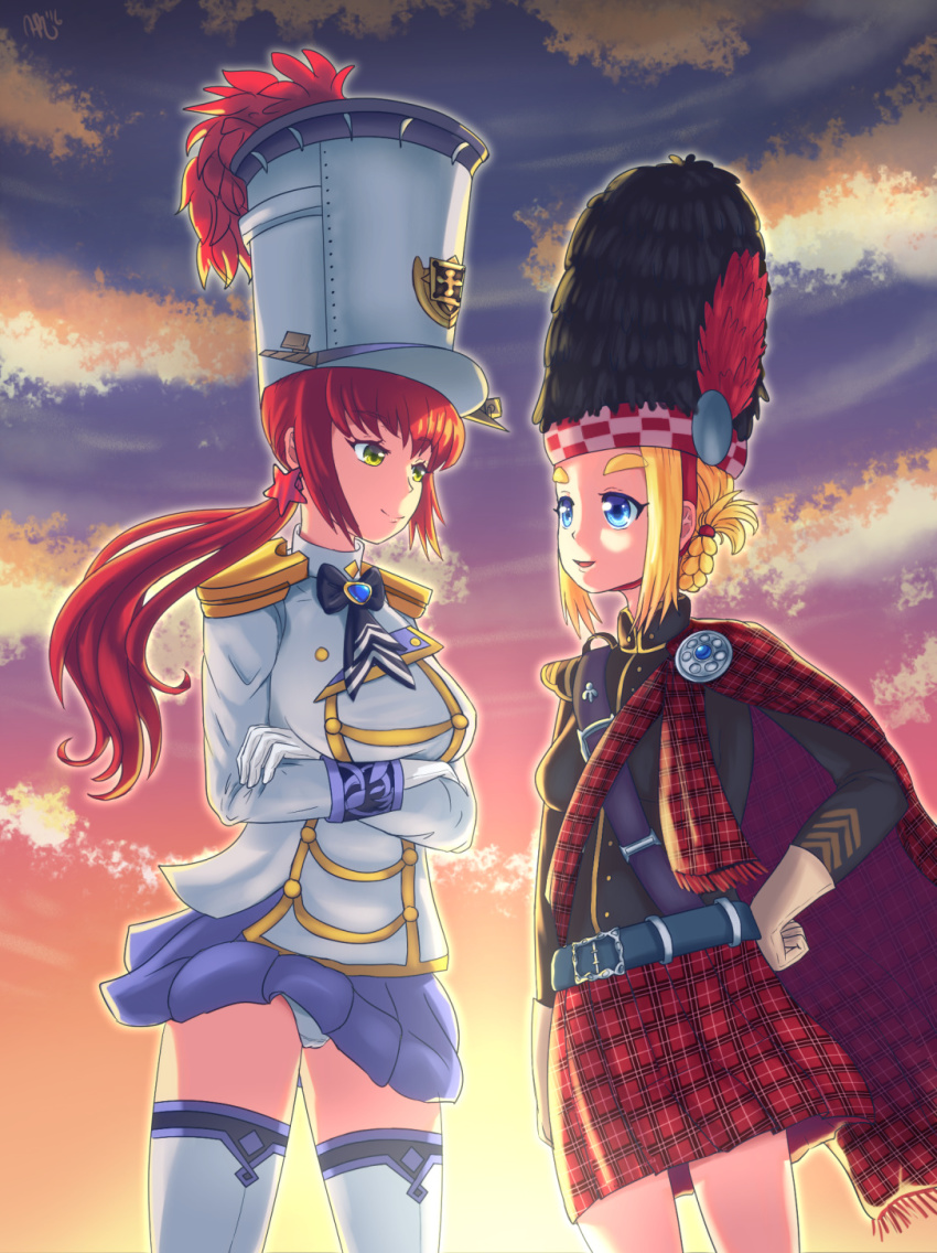 2girls, aiguillette, baltimore_(warship_girls_r), belt, blonde_hair, blue_eyes, braid, buttons, cape, cloud, double-breasted, edinburgh_(warship_girls_r), eyebrows, gloves, hair_ornament, hat, highres, kilt, mignonette, multiple_girls, panties, pantyshot, plaid, plume, ponytail, red_hair, shako_cap, skirt, sunset, thighhighs, underwear, warship_girls_r, yellow_eyes