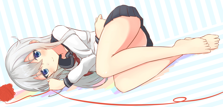 10s, 1girl, barefoot, black_skirt, blue_eyes, blush, female_focus, grey_hair