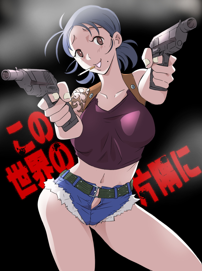 1girl, bad_id, bad_pixiv_id, black_lagoon, brown_eyes, cigarette, copyright_name, cosplay, creator_connection, female_focus, finger_on_trigger, gun, handgun, highres, katabuchi_sunao, kono_sekai_no_katasumi_ni, maguro_teikoku, midriff, mole, mole_under_mouth, purple_hair, revy_(black_lagoon), revy_(black_lagoon)_(cosplay), shorts, solo, tattoo, urano_suzu, weapon