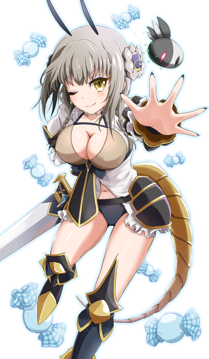 10s, 1girl, breasts, cleavage, eyeshadow, fav_(mahoiku), genderswap, genderswap_(mtf), highres, la_pucelle_(mahoiku), looking_at_viewer, mahou_shoujo_ikusei_keikaku, mahou_shoujo_ikusei_keikaku_unmarked, makeup, one_eye_closed, panikuru_yuuto, tail, yellow_eyes