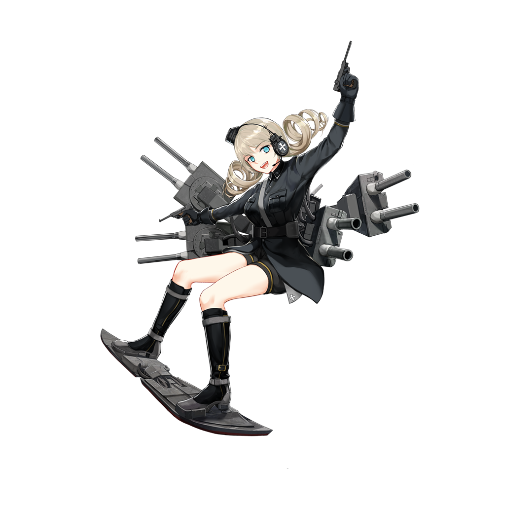 1girl, :d, arm_up, belt, black_boots, black_gloves, black_jacket, black_shorts, blue_eyes, boots, breasts, buttons, cannon, cross, drill_hair, dual_wielding, female_focus, full_body, gloves, gun, handgun, headphones, holding, holding_gun, holding_weapon, iron_cross, jacket, jiaoshouwen, knee_boots, large_breasts, looking_at_viewer, luger_p08, m_project_(warship_girls_r), military, military_jacket, military_uniform, official_art, open_mouth, pocket, rigging, ship_turret, shorts, silver_hair, smile, solo, surfing, teeth, transparent_background, twin_drills, warship_girls_r, weapon