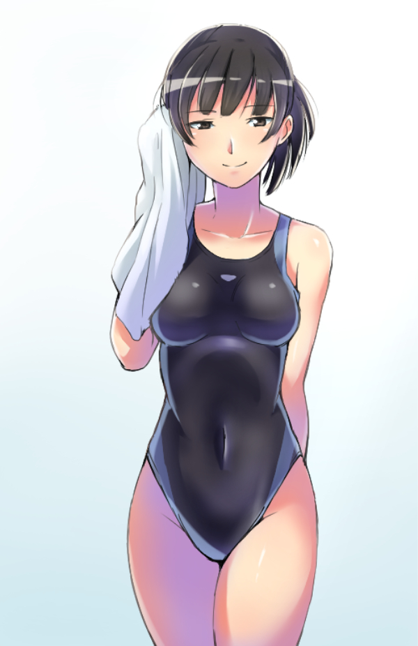1girl, amagami, black_eyes, black_hair, black_one-piece_swimsuit, breasts, competition_swimsuit, covered_navel