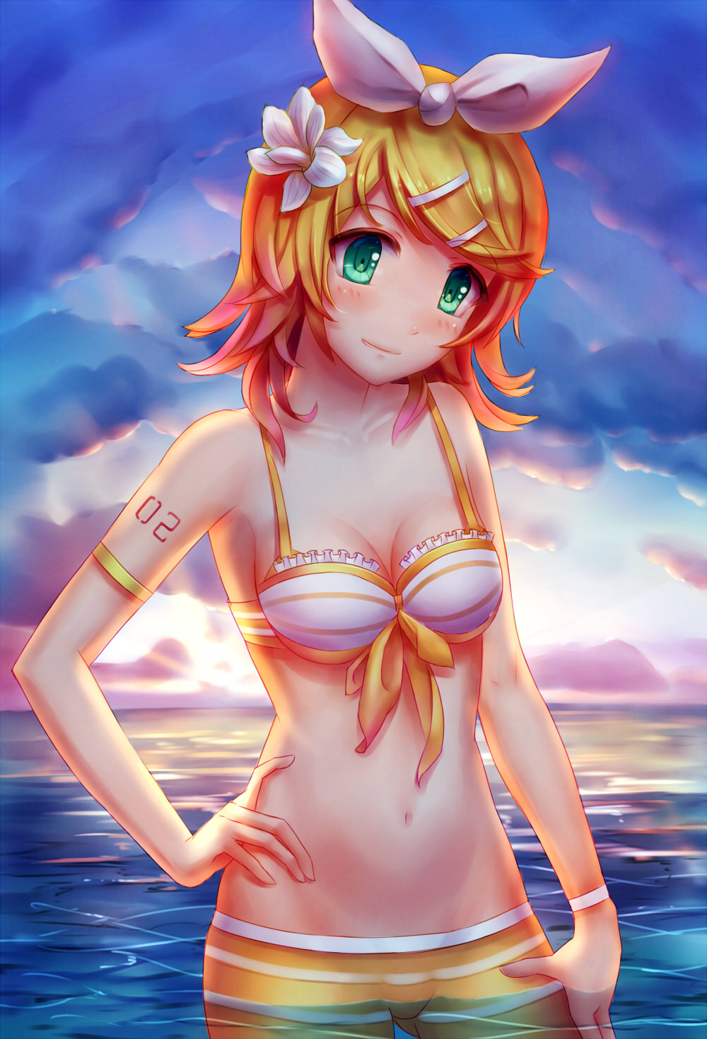 00s, 1girl, bikini, bikini_shorts, blonde_hair, breasts, cleavage, collarbone