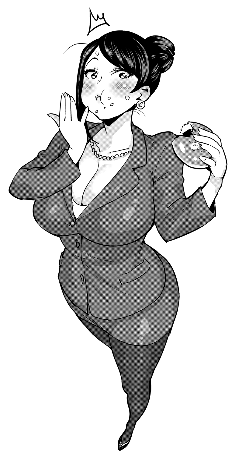 1girl, :t, ^^^, bad_id, bad_tumblr_id, bijin_onna_joushi_takizawa-san, breasts, cleavage, eating, female_focus, food, food_on_face, foreshortening, formal_clothes, greyscale, hair_bun, highres, huge_breasts, jewelry, legs, long_hair, looking_at_viewer, mature_female, miniskirt, mole, mole_under_mouth, monochrome, necklace, pantyhose, pearl_necklace, pencil_skirt, simple_background, single_hair_bun, skirt, skirt_suit, solo, suit, surprised, synecdoche, takizawa, takizawa_kyouko, thick_thighs, thighs, white_background