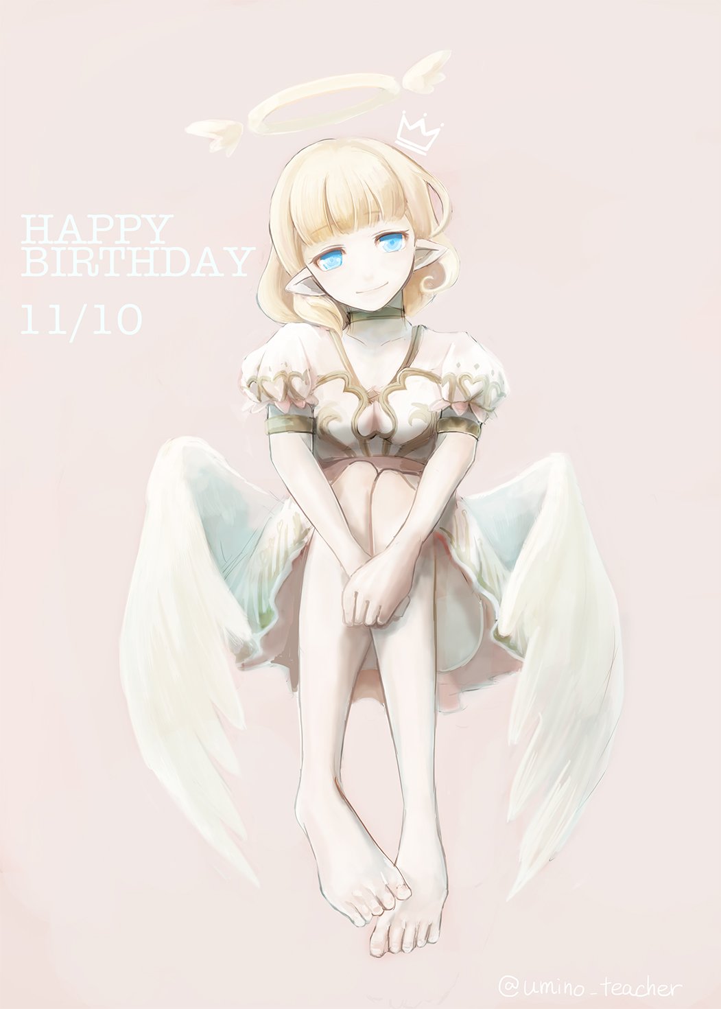 1girl, angel, angel_wings, barefoot, blonde_hair, blue_eyes, choker, dress