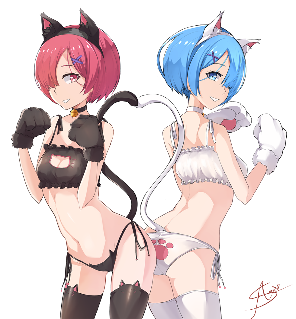 10s, 2girls, animal_ears, animal_hands, ass, ass-to-ass, azuran0, bell