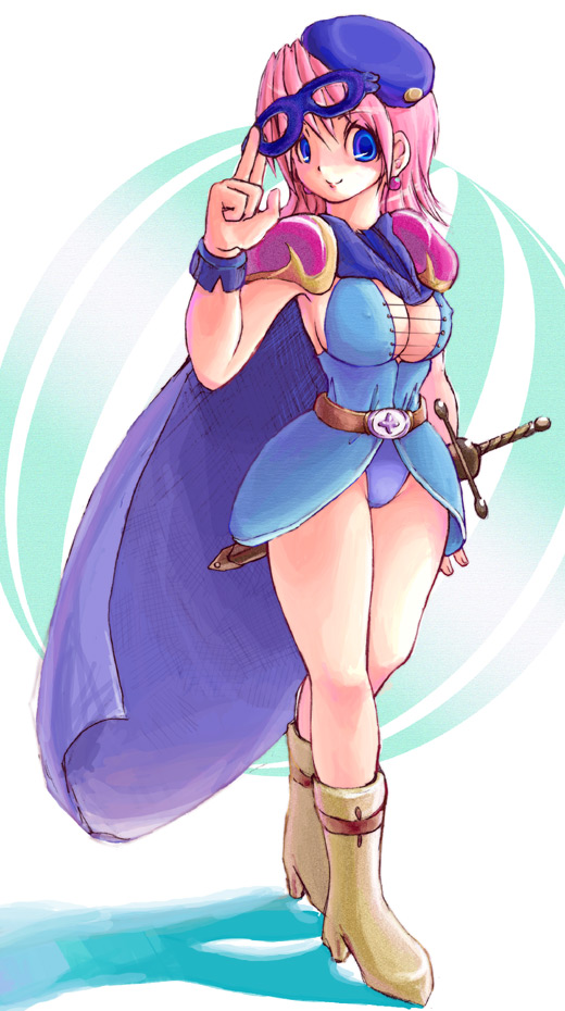 1990s_(style), 1girl, blue_eyes, blue_mage_(final_fantasy), boots, breasts, cape, covered_erect_nipples, domino_mask, eye_mask, female_focus, final_fantasy, final_fantasy_v, full_body, hat, large_breasts, lenna_charlotte_tycoon, mask, nuke_michi, nukemichi, pink_hair, retro_artstyle, smile, solo, sword, unworn_mask, weapon