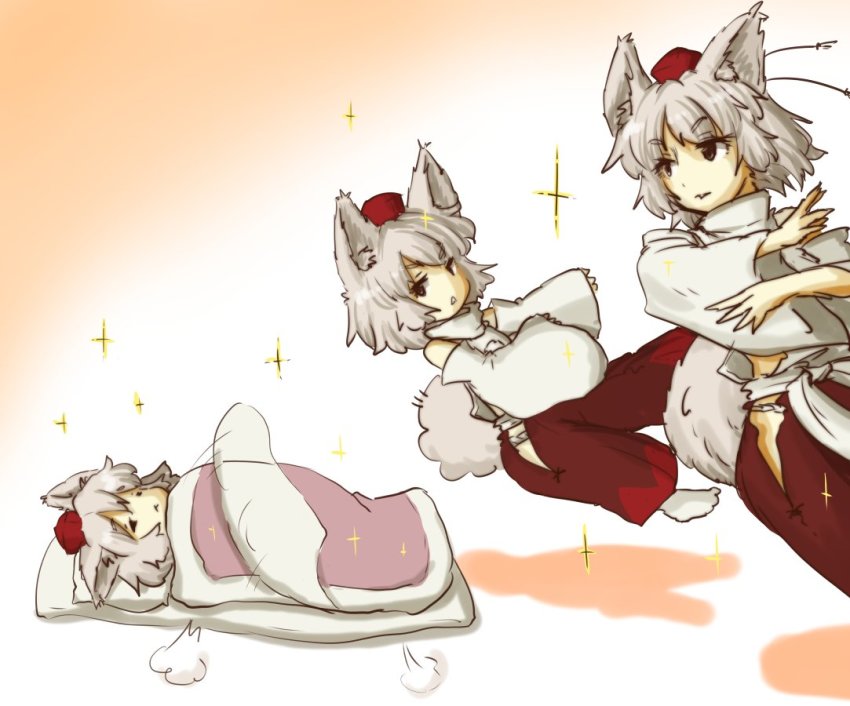 1girl, animal_ears, bad_id, bad_twitter_id, blanket, breasts, closed_eyes, commentary_request