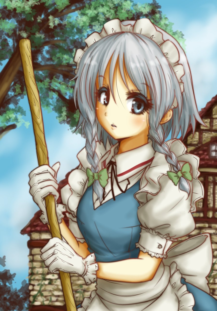 1girl, apron, bad_id, bad_twitter_id, black_ribbon, blue_dress, blue_eyes, blue_sky