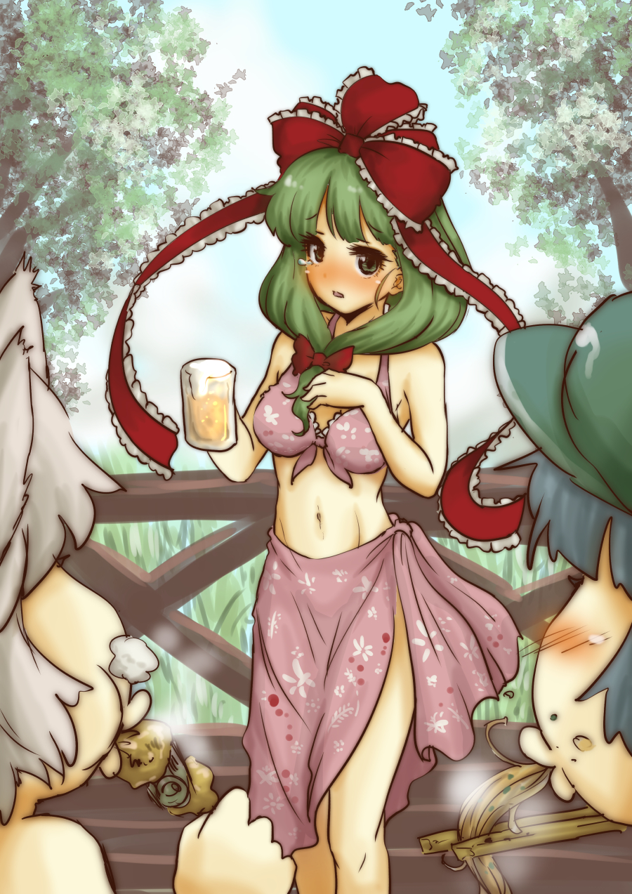 3girls, alcohol, animal_ears, bare_shoulders, beer, beer_mug, bikini, blue_hair