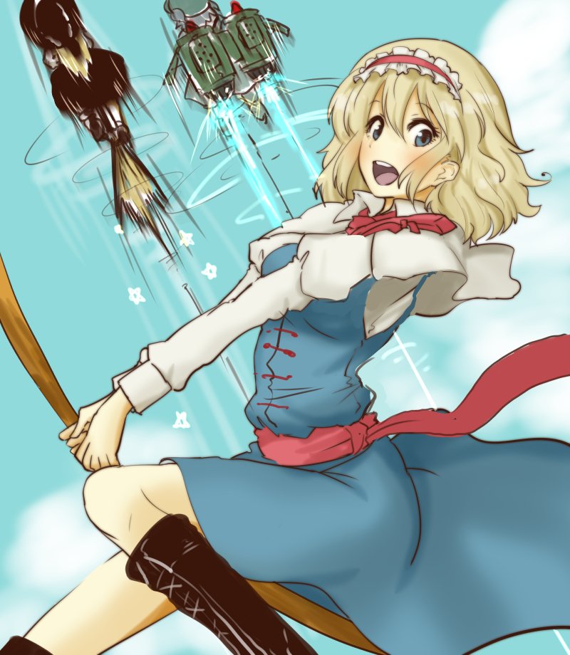 3girls, :d, alice_margatroid, bad_id, bad_twitter_id, black_footwear, black_hat, black_skirt, blonde_hair, blouse, blue_eyes, blue_skirt, blue_sky, boots, breasts, broom, broom_riding, capelet, cloud, cloudy_sky, cowboy_shot, cross-laced_footwear, day, eyebrows, flying, frilled_capelet, frills, from_behind, hair_between_eyes, hairband, hat, holding, holding_broom, jetpack, kawashiro_nitori, kirisame_marisa, knee_boots, knee_up, long_sleeves, looking_at_viewer, medium_breasts, midair, multiple_girls, neck_ribbon, open_mouth, ribbon, riding, sash, shirt, short_hair, skirt, skirt_set, sky, smile, star_(symbol), teeth, thrusters, tikano, touhou, two_side_up, witch, witch_hat
