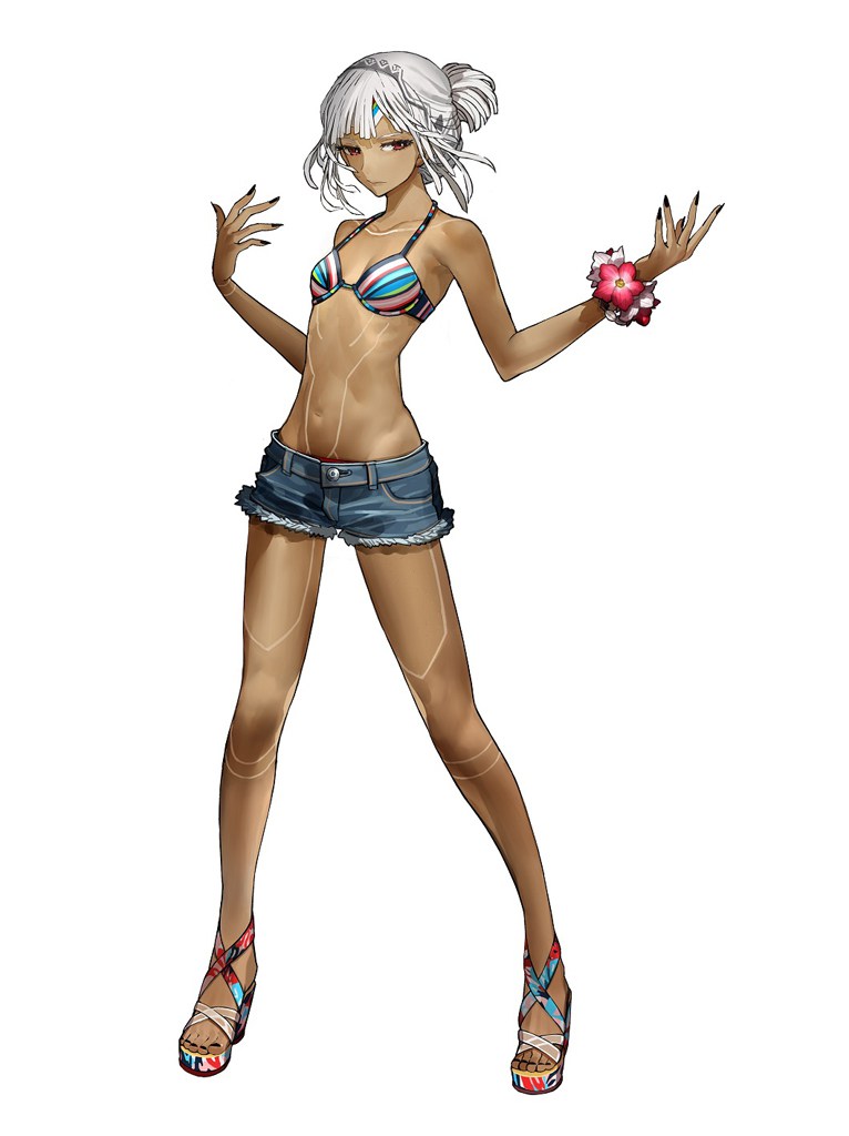 10s, 1girl, altera_(casual_vacances)_(fate), altera_(fate), bikini, bikini_under_clothes, black_nails, blue_shorts