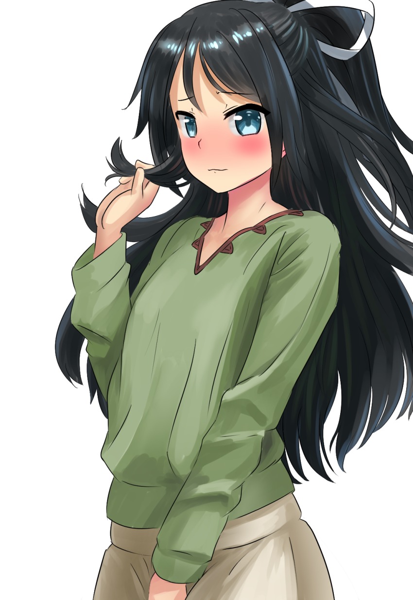 10s, 1girl, alternate_costume, ao_iro, black_hair, blue_eyes, embarrassed, eyebrows, female_focus, green_shirt, hair_between_eyes, hair_ribbon, highres, kantai_collection, katsuragi_(kancolle), light_smile, long_hair, looking_at_viewer, ponytail, ribbon, shirt, solo, twirling_hair, upper_body, white_background