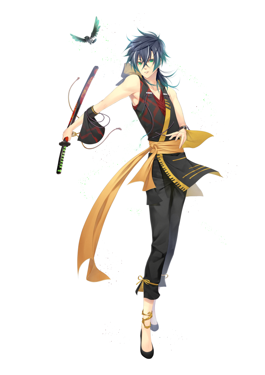 1boy, absurdres, bare_shoulders, bird, black_hair, detached_sleeves, full_body, green_eyes