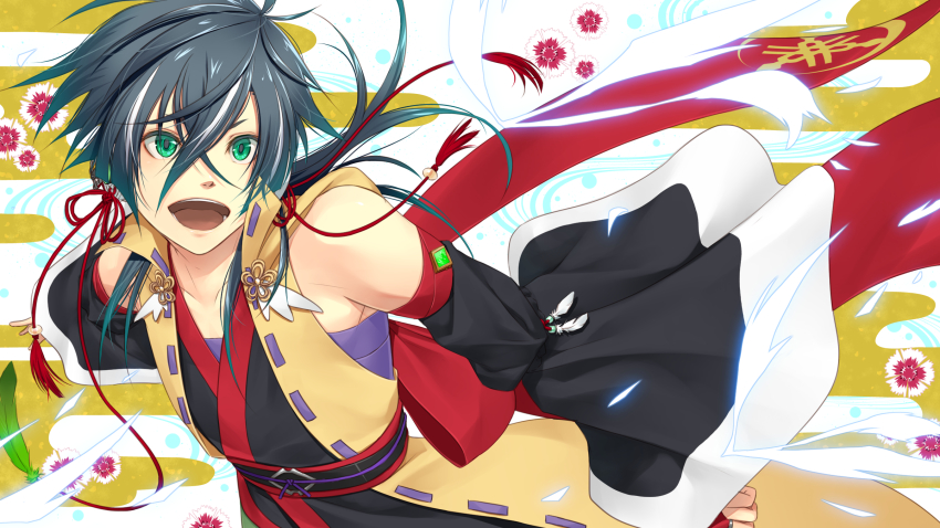 1boy, :d, black_hair, detached_sleeves, egasumi, feathers, flower, green_eyes