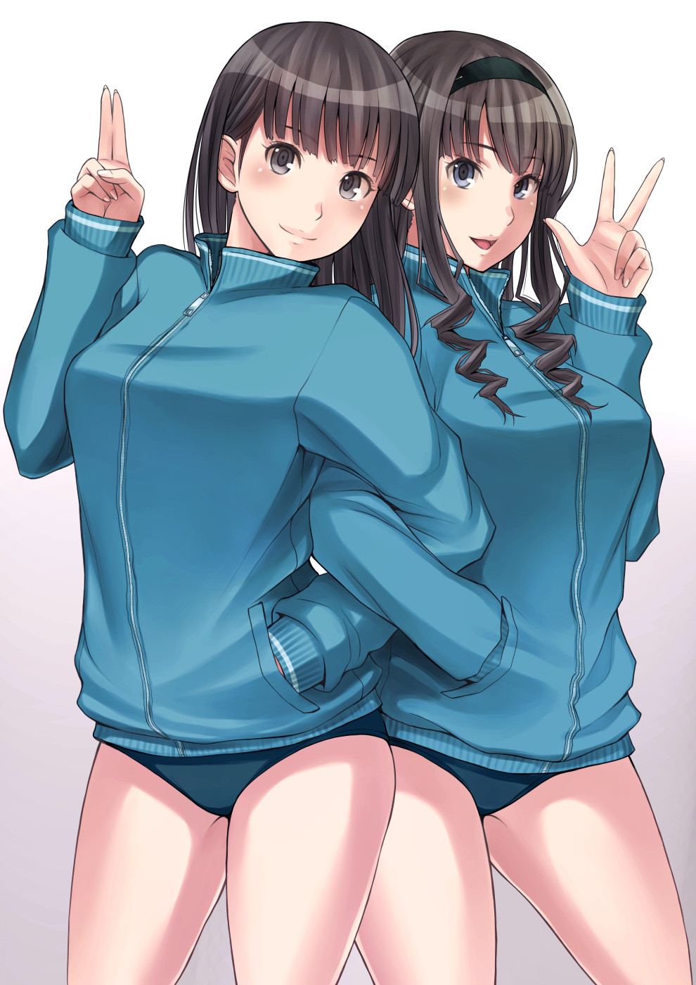 2girls, amagami, ayatsuji_tsukasa, black_eyes, black_hair, buruma, cowboy_shot, gradient_background