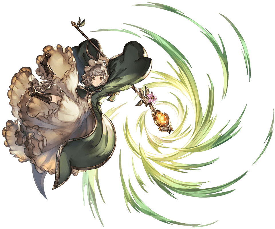 10s, 1girl, arms_up, boots, brown_boots, closed_mouth, dress, eyebrows, female_focus, flower, frilled_dress, frills, full_body, granblue_fantasy, grey_hair, holding, holding_staff, hood, leaf, long_sleeves, minaba_hideo, minigob, minigob_(granblue_fantasy), official_art, orange_eyes, pointy_ears, shingeki_no_bahamut, short_hair, solo, staff, transparent_background, wavy_mouth, white_dress, wide_sleeves