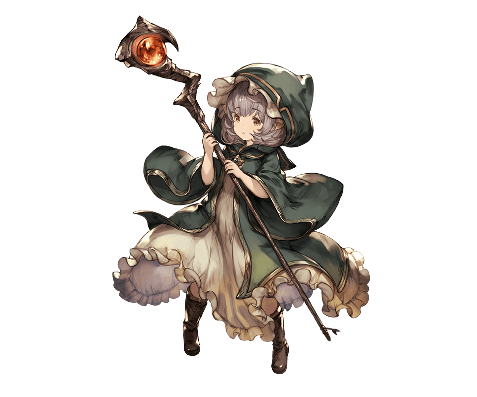 10s, 1girl, :<, boots, brown_boots, closed_mouth, dress, eyebrows, female_focus, frilled_dress, frills, full_body, granblue_fantasy, grey_hair, holding, holding_staff, hood, long_sleeves, looking_at_viewer, minaba_hideo, minigob, minigob_(granblue_fantasy), official_art, orange_eyes, pigeon-toed, pointy_ears, shingeki_no_bahamut, short_hair, solo, staff, standing, transparent_background, white_dress, wide_sleeves
