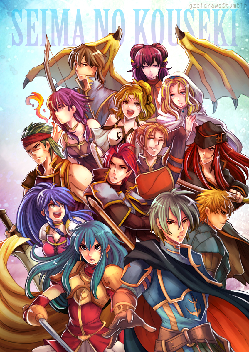 5girls, 6+boys, aqua_hair, armor, belt, black_cape, black_hat, blonde_hair, blue_eyes, blue_hair, bow_(weapon), braid, breasts, brown_eyes, cape, cleavage, closed_eyes, coat, copyright_name, cormag_(fire_emblem), dragon_girl, dragon_wings, eirika_(fire_emblem), ephraim_(fire_emblem), everyone, fire, fire_emblem, fire_emblem:_the_sacred_stones, forde_(fire_emblem), gerik_(fire_emblem), gold_trim, gradient_background, green_eyes, green_hair, grin, gzei, hat, headband, highres, holding, holding_sword, holding_weapon, hood, innes_(fire_emblem), joshua_(fire_emblem), l'arachel_(fire_emblem), lance, long_hair, looking_at_viewer, lute_(fire_emblem), multiple_boys, multiple_girls, muscular, myrrh_(fire_emblem), natasha_(fire_emblem), nintendo, one_eye_closed, open_mouth, polearm, ponytail, purple_hair, red_cape, red_eyes, red_hair, scar, serious, seth_(fire_emblem), short_hair, siblings, sidelocks, smile, smirk, sword, tana_(fire_emblem), text_background, tumblr_username, twin_braids, twins, two_side_up, very_long_hair, weapon, wings, yellow_cape, yellow_eyes