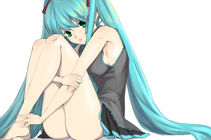 1girl, aqua_hair, armpits, ass, barefoot, blue_eyes, breasts, female_focus