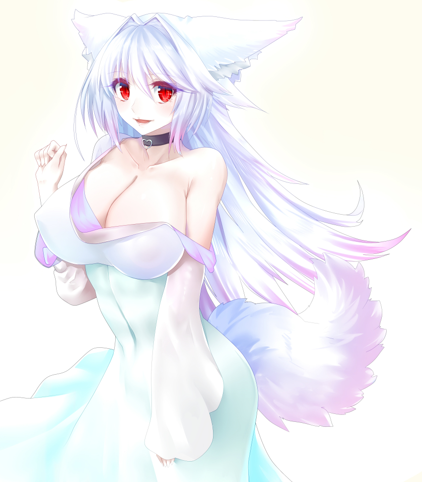 1girl, absurdres, albino, animal_ears, breasts, choker, cleavage, cowboy_shot