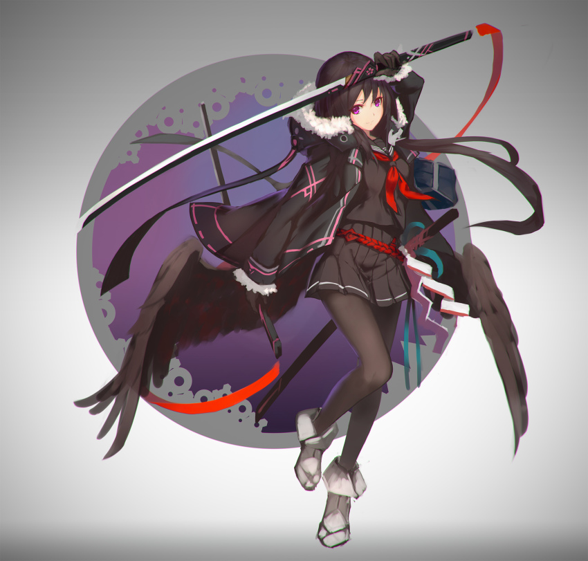 1girl, arm_up, bag, black_gloves, black_hair, black_jacket, black_pantyhose, black_serafuku