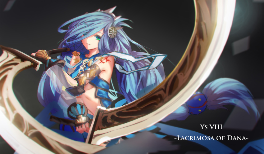 1girl, blue_hair, breasts, caang_yue_xue_feeng, character_name, copyright_name, dana_iclucia, dual_wielding