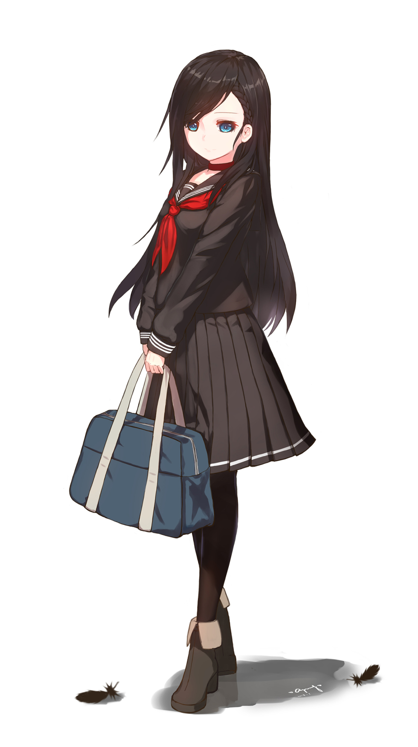 1girl, bag, black_feathers, black_hair, black_pantyhose, black_serafuku, black_shirt, black_skirt