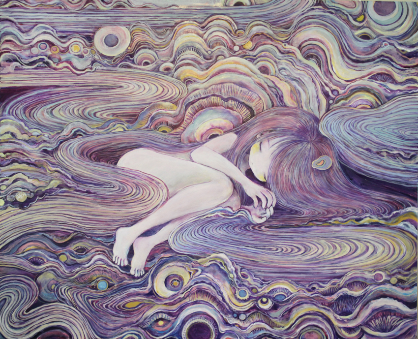 1girl, abstract, absurdly_long_hair, closed_eyes, colorful, female_focus, fetal_position, long_hair, nude, original, si-ku, sleeping, solo, traditional_media, very_long_hair