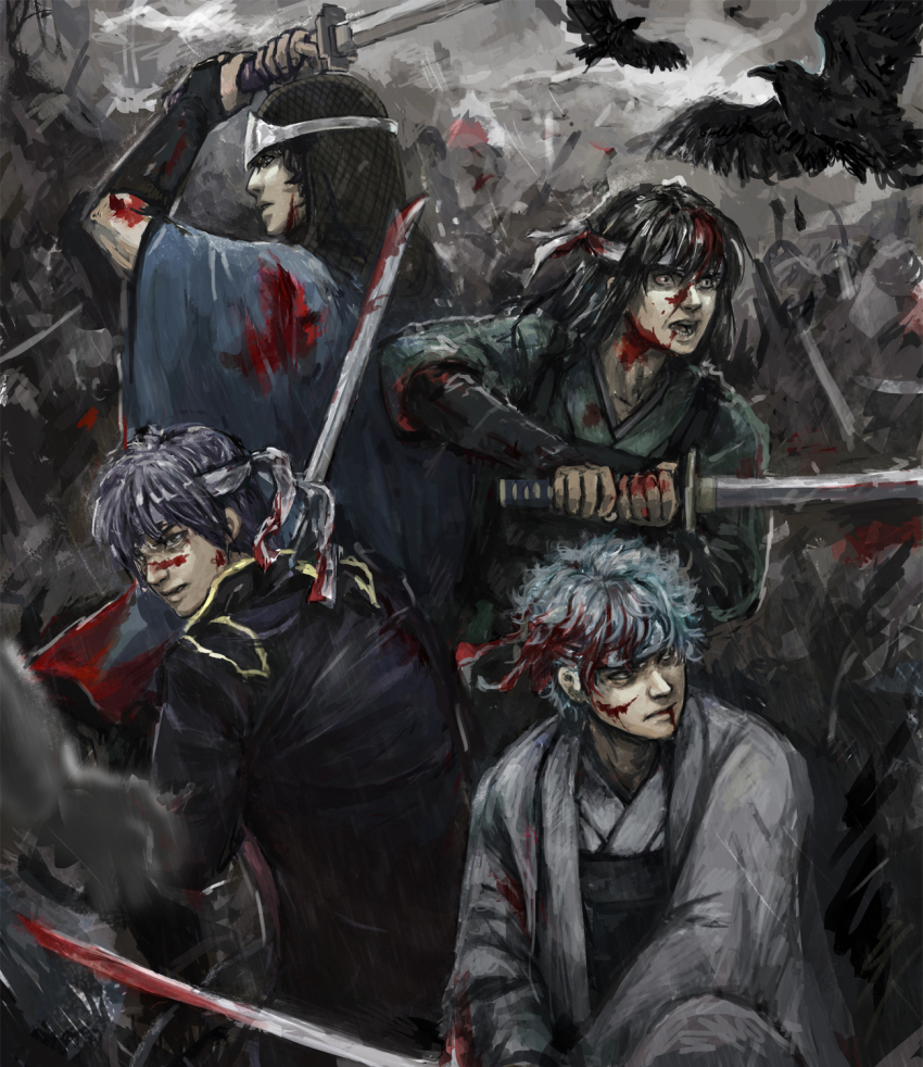 4boys, bad_id, bad_pixiv_id, bird, black_hair, blood, blood_from_mouth, blood_on_face