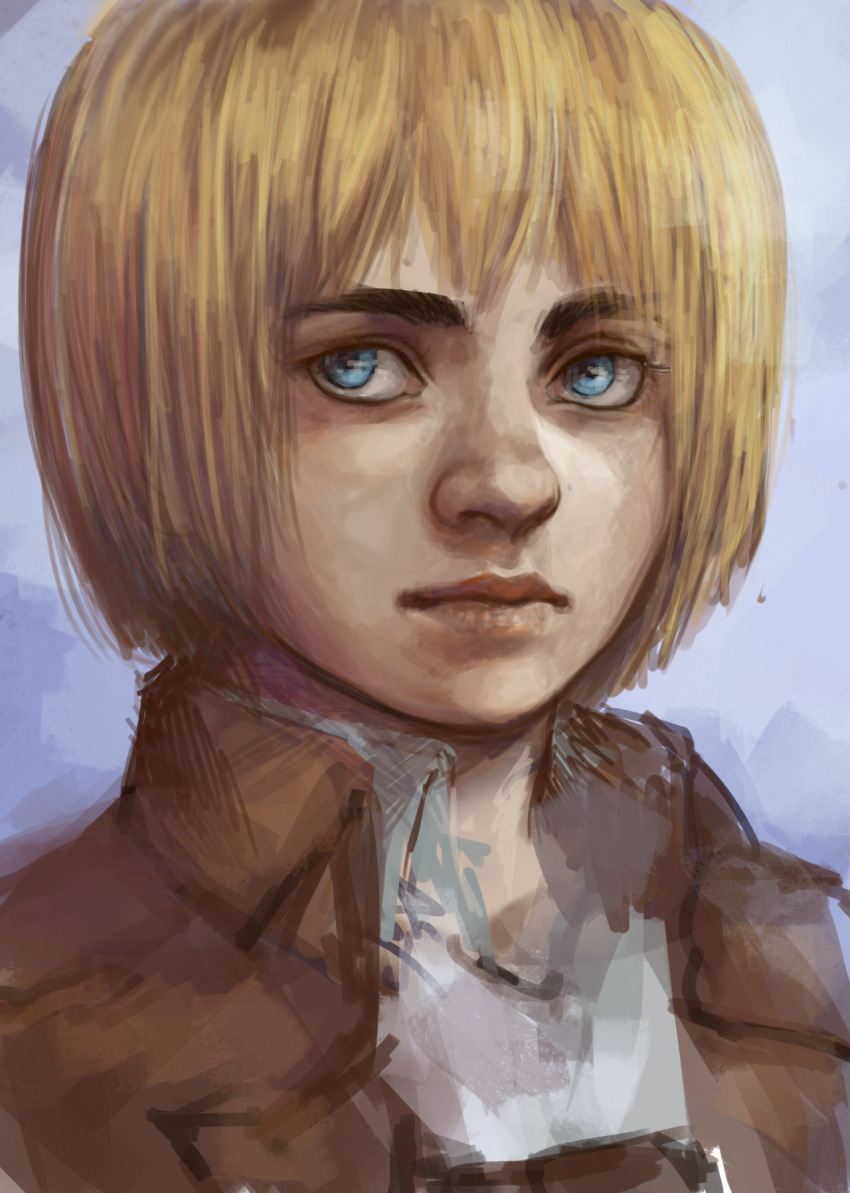 1boy, armin_arlert, blonde_hair, blue_background, blue_eyes, highres, male_focus, medeakn, nose, portrait, shingeki_no_kyojin, solo