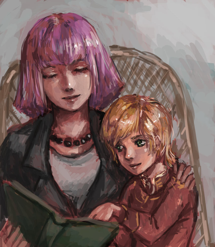2girls, bad_id, bad_pixiv_id, book, closed_eyes, green_eyes, gundam, haman_karn