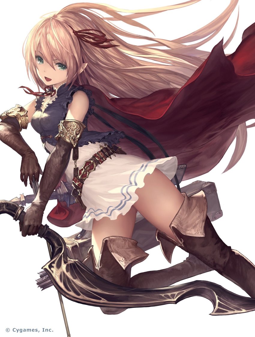 1girl, arisa_(shadowverse), blonde_hair, boots, brown_boots, brown_thighhighs, copyright_name, cygames, elbow_gloves, elf, female_focus, gloves, green_eyes, hair_ribbon, highres, long_hair, mushimaro, open_mouth, pointy_ears, red_ribbon, ribbon, shadowverse, simple_background, solo, tachikawa_mushimaro, thigh_boots, thighhighs, white_background