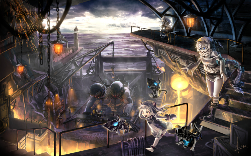 10s, 6+girls, abyssal_ship, armored_aircraft_carrier_oni, barefoot, battleship_princess, blue_eyes, braid