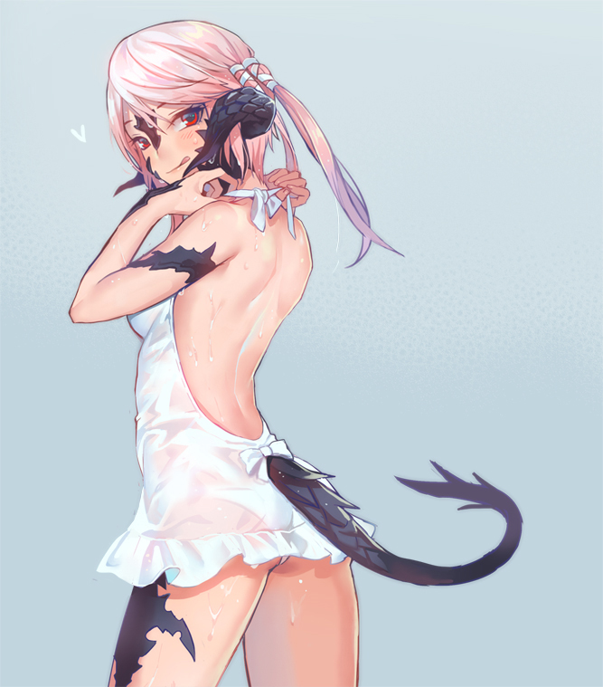 10s, 1girl, ass, au_ra, bare_arms, bare_back, bare_shoulders, blue_background