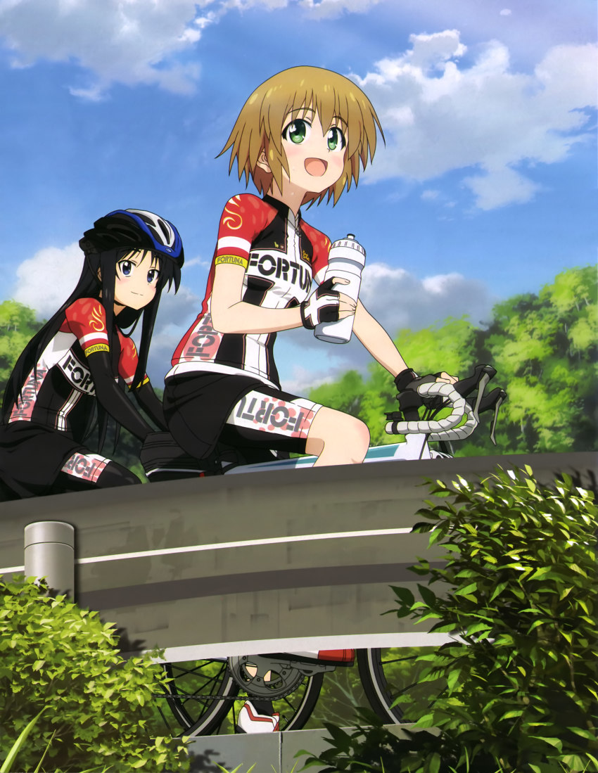10s, 2girls, absurdres, bicycle, bike_jersey, bike_shorts, biker_clothes, bikesuit, black_gloves, black_hair, black_shorts, bodysuit, bottle, brown_hair, cloud, cloudy_sky, day, eyebrows, fingerless_gloves, gloves, green_eyes, guard_rail, helmet, highres, holding, holding_bottle, kurata_ami, long_riders!, multiple_girls, niigaki_aoi, open_mouth, outdoors, short_hair, shorts, shorts_under_skirt, sitting, sky, smile, sweatdrop, takamiya_saki, tree