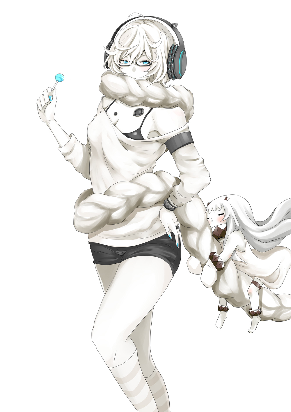 10s, absurdly_long_hair, abyssal_ship, anklet, aqua_eyes, aqua_nails, barefoot, bracelet, braid, breasts, camisole, candy, cleavage, closed_eyes, collar, dress, food, frown, glasses, hand_on_own_hip, headphones, highres, horns, jewelry, kantai_collection, legband, lollipop, long_hair, medium_breasts, mittens, nail_polish, northern_ocean_princess, off-shoulder_shirt, off_shoulder, ring, satsumaimo_pai, semi-rimless_eyewear, shirt, short_shorts, shorts, single_braid, smile, socks, spiked_collar, spikes, striped_clothes, striped_legwear, striped_socks, supply_depot_princess, under-rim_eyewear, very_long_hair, white_dress, white_hair