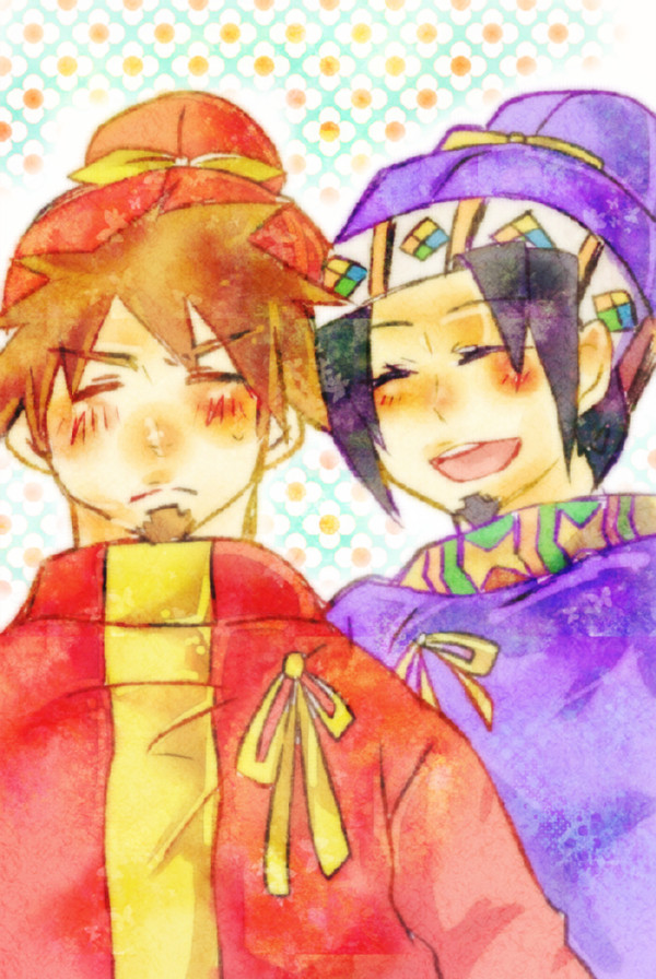 2boys, artist_request, asuka_period, black_hair, brown_hair, facial_hair, goatee, hat, multiple_boys, ono_no_imoko, original, prince_shotoku