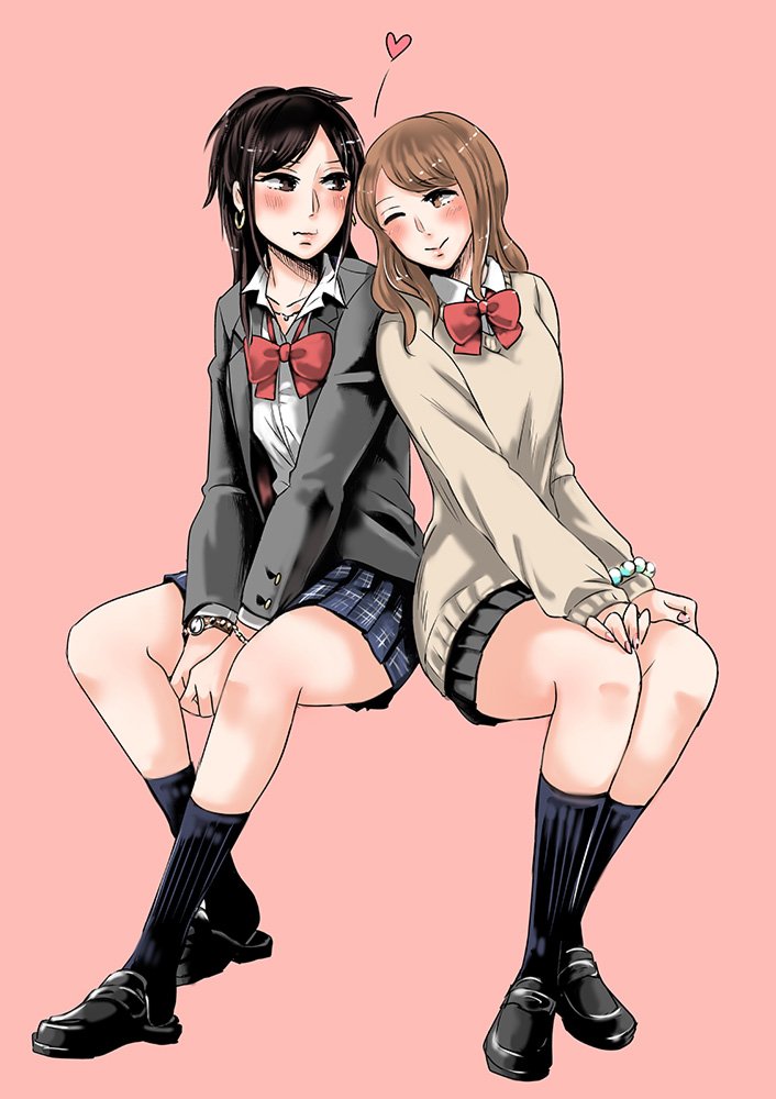 2girls, black_hair, black_legwear, black_skirt, blazer, blush, bracelet, brown_hair, earrings, heart, hoop_earrings, invisible_chair, jacket, jewelry, looking_up, mary_janes, multiple_girls, ooshima_mikaera, original, parari_(parari000), pink_background, plaid_clothes, plaid_skirt, sato_tomomi, satou_tomomi, school_uniform, shoes, simple_background, sitting, skirt, smile, socks, super_heroine_boy, sweater, uwabaki, watch, yuri