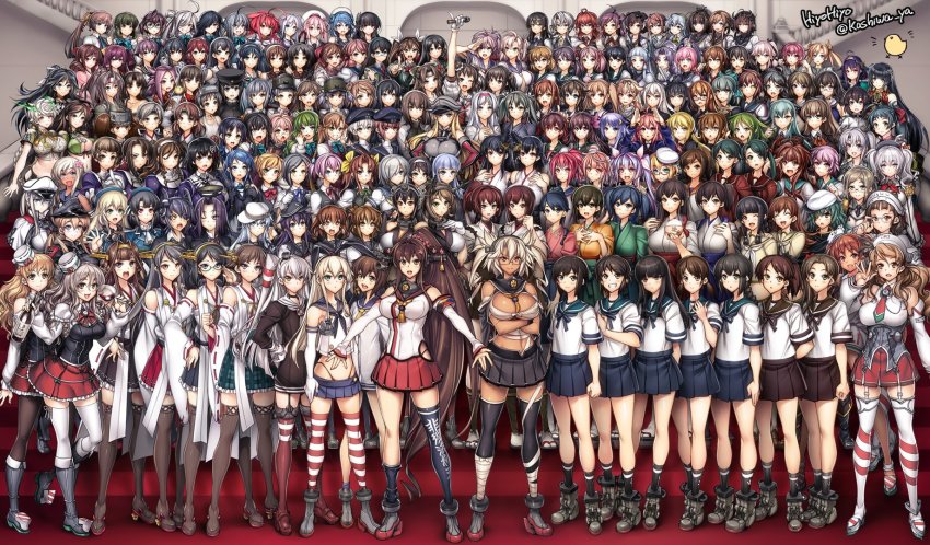 >:o, 10s, 6+girls, :d, :o, ;), ;d, absolutely_everyone, abukuma_(kancolle), adjusting_eyewear, ahoge, akagi_(kancolle), akashi_(kancolle), akatsuki_(kancolle), akebono_(kancolle), akigumo_(kancolle), akitsu_maru_(kancolle), amatsukaze_(kancolle), anchor, anchor_symbol, ankle_boots, annotated, aoba_(kancolle), aqua_necktie, aqua_skirt, arare_(kancolle), arashi_(kancolle), arashio_(kancolle), arm_up, arms_at_sides, asashimo_(kancolle), asashio_(kancolle), ashigara_(kancolle), asymmetrical_hair, atago_(kancolle), ayanami_(kancolle), bad_id, bandages, bare_shoulders, bell, beret, bismarck_(kancolle), black_gloves, black_hair, black_legwear, black_skirt, blonde_hair, blue_eyes, blue_hair, blue_ribbon, blue_skirt, blunt_bangs, boots, bottle, bottomless, bow, bowl, bowtie, breasts, brown_eyes, brown_footwear, brown_hair, budget_sarashi, character_request, chikuma_(kancolle), chitose_(kancolle), chiyoda_(kancolle), choker, chopsticks, choukai_(kancolle), cleavage, clenched_hand, closed_eyes, clothes_writing, clothing_cutout, collar, crescent, crescent_hair_ornament, crossed_arms, cup, dark-skinned_female, dark_skin, detached_sleeves, double_bun, dress, drinking_glass, eating, elbow_gloves, everyone, eyepatch, flipped_hair, floral_print, flower, folded_fan, folded_ponytail, folding_fan, frilled_skirt, frills, frown, fubuki_(kancolle), fumizuki_(kancolle), furutaka_(kancolle), fusou_(kancolle), glasses, gloves, goggles, goggles_on_head, graf_zeppelin_(kancolle), green_eyes, green_hair, green_ribbon, grey_eyes, grey_footwear, grey_hair, grey_vest, grin, hagikaze_(kancolle), haguro_(kancolle), hair_bell, hair_bun, hair_flaps, hair_flower, hair_ornament, hair_over_one_eye, hair_ribbon, hair_tubes, hairband, hairclip, hairpin, hand_fan, hand_on_own_chest, hand_on_own_hip, harem, harukaze_(kancolle), haruna_(kancolle), hat, hatsuharu_(kancolle), hatsukaze_(kancolle), hatsushimo_(kancolle), hatsuyuki_(kancolle), hatsuzuki_(kancolle), hayashimo_(kancolle), hayasui_(kancolle), headband, headgear, hibiki_(kancolle), hiei_(kancolle), high_heels, highres, hiyohiyo, hiyou_(kancolle), holding, holding_bottle, holding_bowl, holding_cup, holding_drinking_glass, holding_fan, holding_microphone, houshou_(kancolle), i-168_(kancolle), i-19_(kancolle), i-58_(kancolle), i-8_(kancolle), ikazuchi_(kancolle), inazuma_(kancolle), index_finger_raised, indoors, interlocked_fingers, isonami_(kancolle), isuzu_(kancolle), japanese_clothes, jingle_bell, jintsuu_(kancolle), jun'you_(kancolle), kaga_(kancolle), kagerou_(kancolle), kako_(kancolle), kamikaze_(kancolle), kantai_collection, kashima_(kancolle), kasumi_(kancolle), katori_(kancolle), katsuragi_(kancolle), kawakaze_(kancolle), kazagumo_(kancolle), kikuzuki_(kancolle), kinu_(kancolle), kinugasa_(kancolle), kirishima_(kancolle), kisaragi_(kancolle), kiso_(kancolle), kitakami_(kancolle), kiyoshimo_(kancolle), kongou_(kancolle), kuma_(kancolle), kuroshio_(kancolle), large_breasts, littorio_(kancolle), long_hair, looking_at_another, looking_at_viewer, low_ponytail, low_twintails, maikaze_(kancolle), mamiya_(kancolle), maya_(kancolle), medium_breasts, michishio_(kancolle), microphone, microskirt, midriff, mikazuki_(kancolle), mikuma_(kancolle), military, military_hat, military_uniform, miniskirt, miyuki_(kancolle), mizuho_(kancolle), mochizuki_(kancolle), mogami_(kancolle), multiple_girls, murakumo_(kancolle), murasame_(kancolle), musashi_(kancolle), musashi_kai_(kancolle), mutsu_(kancolle), mutsuki_(kancolle), myoukou_(kancolle), nachi_(kancolle), nagara_(kancolle), nagato_(kancolle), nagatsuki_(kancolle), naka_(kancolle), natori_(kancolle), neck_ribbon, necktie, nenohi_(kancolle), missing_legwear, nowaki_(kancolle), oboro_(kancolle), okinami_(kancolle), one_eye_closed, ooi_(kancolle), ooshio_(kancolle), ooyodo_(kancolle), open_mouth, orange_eyes, orange_hair, outstretched_arms, oyashio_(kancolle), pantyhose, peaked_cap, pink_eyes, pink_hair, plaid_clothes, plaid_skirt, pleated_skirt, pola_(kancolle), ponytail, prinz_eugen_(kancolle), puffy_short_sleeves, puffy_sleeves, purple_eyes, purple_hair, red-framed_eyewear, red_bow, red_bowtie, red_eyes, red_hairband, red_ribbon, red_skirt, remodel_(kantai_collection), ribbon, rice, ro-500_(kancolle), roma_(kancolle), ryuujou_(kancolle), sailor_dress, sakawa_(kancolle), salute, samidare_(kancolle), sarashi, satsuki_(kancolle), sazanami_(kancolle), school_uniform, sendai_(kancolle), serafuku, shigure_(kancolle), shikinami_(kancolle), shimakaze_(kancolle), shiranui_(kancolle), shiratsuyu_(kancolle), shirayuki_(kancolle), short_dress, short_hair, short_hair_with_long_locks, short_ponytail, short_sleeves, shouhou_(kancolle), shoulder_cutout, side_ponytail, sideways_hat, single_thighhigh, skirt, sleeves_past_wrists, small_breasts, smile, spiked_hair, standing, striped_clothes, striped_legwear, striped_thighhighs, suzukaze_(kancolle), taihou_(kancolle), takanami_(kancolle), takao_(kancolle), tama_(kancolle), tatsuta_(kancolle), teeth, tenryuu_(kancolle), text_focus, thigh_boots, thighhighs, thong, tokitsukaze_(kancolle), tone_(kancolle), twintails, two_side_up, umikaze_(kancolle), unryuu_(kancolle), ushio_(kancolle), v-shaped_eyebrows, verniy_(kancolle), very_long_hair, vest, visor_cap, wakaba_(kancolle), white_gloves, white_hair, white_hairband, white_legwear, white_ribbon, wine_glass, yamashiro_(kancolle), yamato_(kancolle), yamato_kai_(kancolle), yukikaze_(kancolle), yura_(kancolle), yuubari_(kancolle), yuudachi_(kancolle), z1_leberecht_maass_(kancolle), z3_max_schultz_(kancolle), zettai_ryouiki, zuihou_(kancolle)