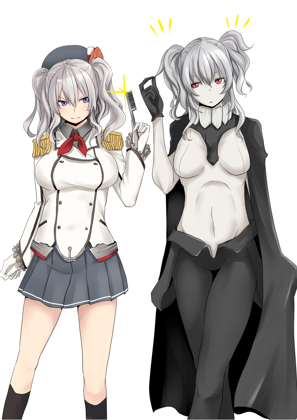 >:), 10s, 2girls, abyssal_ship, alternate_hairstyle, beret, black_gloves, blue_eyes, breasts, cape, comb, covered_navel, epaulettes, frilled_sleeves, frills, gloves, grey_hair, hat, highres, kantai_collection, kashima_(kancolle), kneehighs, large_breasts, medium_breasts, military, military_uniform, miniskirt, multiple_girls, missing_headwear, parted_lips, pleated_skirt, red_eyes, satsumaimo_pai, skirt, smile, socks, twintails, two_side_up, v-shaped_eyebrows, white_gloves, wo-class_aircraft_carrier