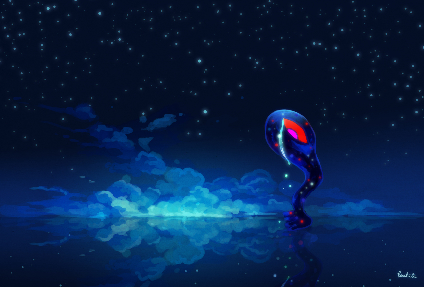 absurdres, artist_name, cloud, colored_sclera, creature, crying, crying_with_eyes_open, hashibi_rokou, highres, kasei-san, night, no_humans, one-eyed, red_eyes, red_sclera, reflective_floor, sky, solo, star_(sky), starry_sky, teardrop, tears, water, yume_nikki