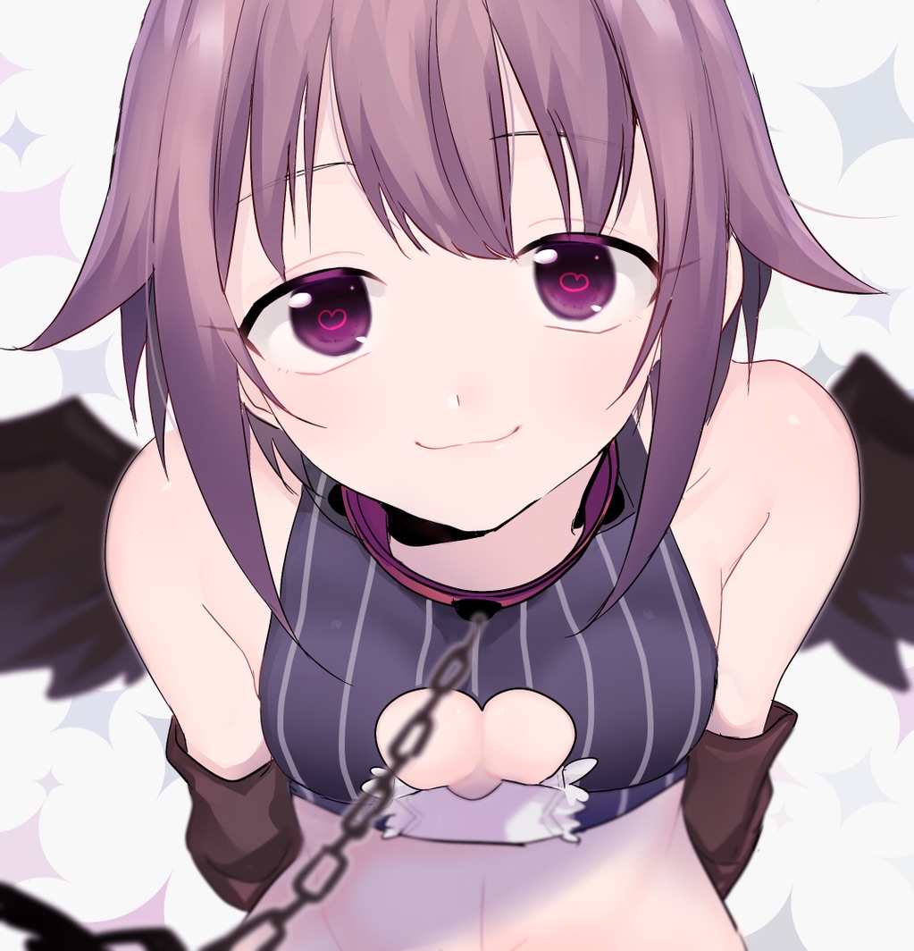 10s, 1girl, abe_(kumayu), bare_shoulders, black_wings, breasts, chain, chain_leash, cleavage, cleavage_cutout, clothing_cutout, collar, elbow_gloves, female_focus, gloves, heart, heart-shaped_pupils, idolmaster, idolmaster_cinderella_girls, koshimizu_sachiko, leash, looking_at_viewer, midriff, portrait, purple_eyes, simple_background, sleeveless, small_breasts, smile, solo, sparkle_background, symbol-shaped_pupils, upper_body, viewer_holding_leash, white_background, wings