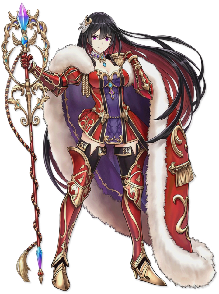 1girl, artist_request, black_hair, black_thighhighs, breasts, cape, cleavage, detached_collar, dress, female_focus, full_body, fur_trim, gauntlets, gem, hair_ornament, holding, jewelry, juliet_sleeves, karen_(shironeko_project), large_breasts, long_hair, long_sleeves, looking_at_viewer, multicolored_hair, puffy_sleeves, purple_eyes, red_hair, shironeko_project, short_dress, simple_background, smile, solo, staff, standing, thighhighs, very_long_hair, white_background