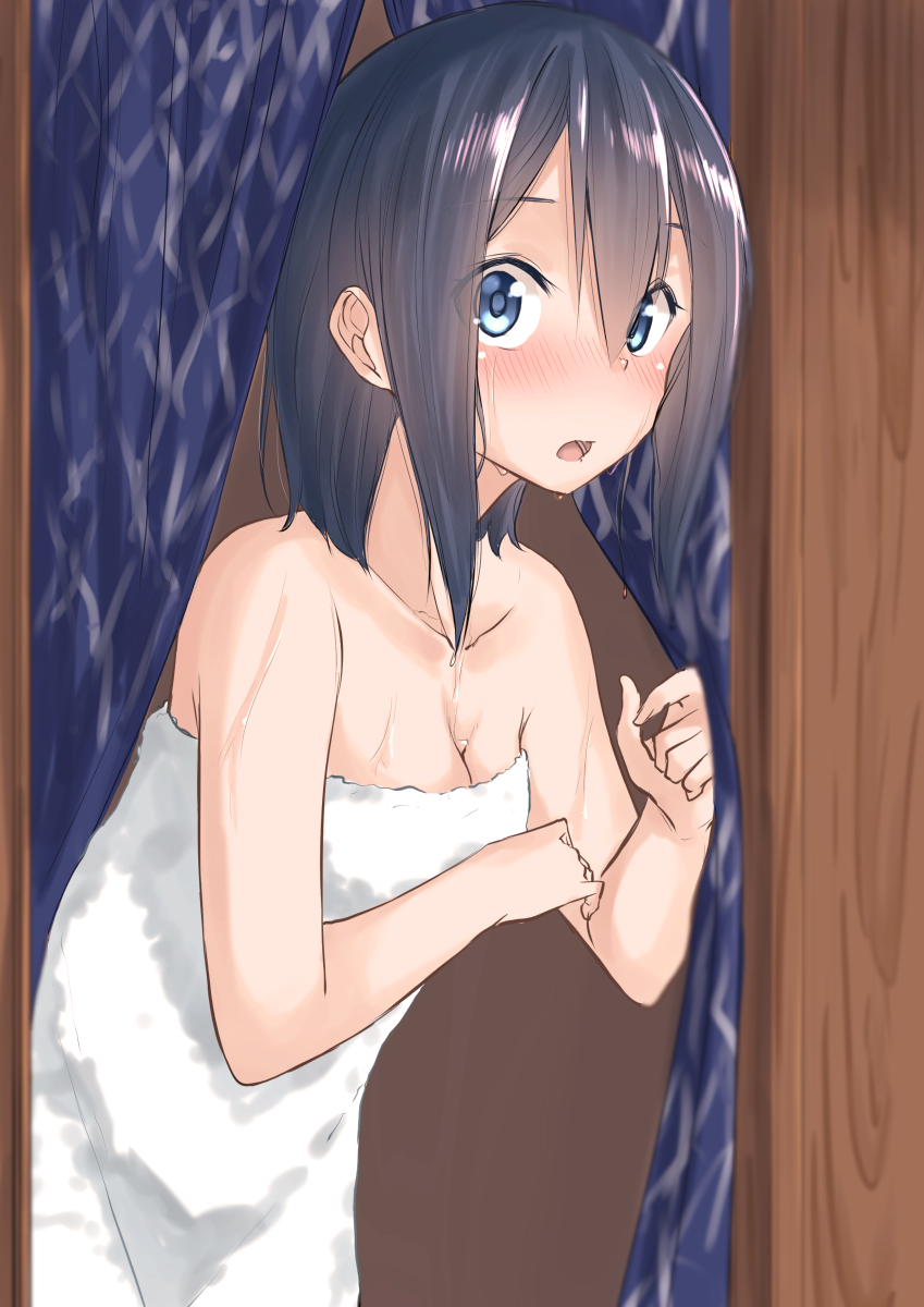 1girl, alternate_hairstyle, black_hair, blue_eyes, blush, breasts, cleavage, collarbone