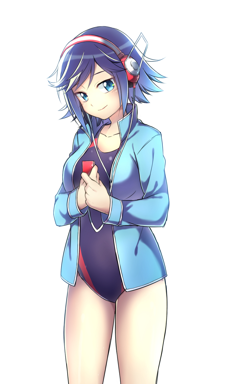 10s, 1girl, blue_eyes, blue_hair, blue_one-piece_swimsuit, blue_shirt, blue_theme, breasts, collarbone, competition_swimsuit, cowboy_shot, mp3_player, female_focus, fujisaki_kotone, headphones, highres, ipod, jacket, keijo!!!!!!!!, kotone_fujisaki, matching_hair/eyes, medium_breasts, one-piece_swimsuit, own_hands_together, shirt, short_hair, simple_background, smile, solo, swimsuit, swimsuit_under_clothes, track_jacket, white_background, yoshiteruxx